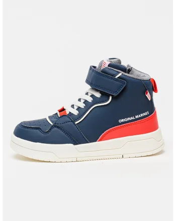 Pantofi sport mid-high din piele ecologica cu garnituri contrastante, Rosu/Alb/Bleumarin