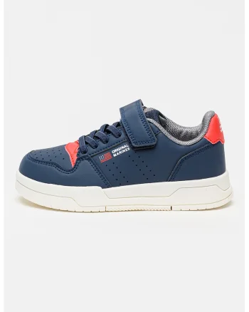 Pantofi sport din piele ecologica cu sireturi elastice, Rosu/Bleumarin