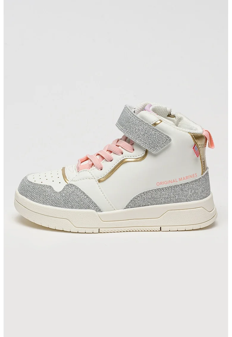 Pantofi sport mid-high din piele ecologica cu detalii cu aspect stralucitor, Alb/Auriu/Argintiu