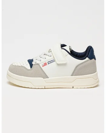 Pantofi sport din piele ecologica cu sireturi elastice, Gri deschis/Alb optic/Bleumarin