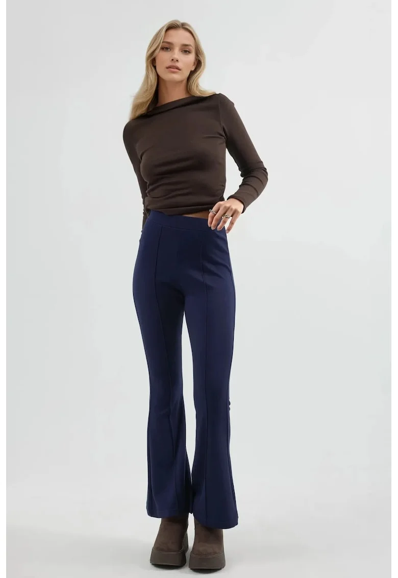 Pantaloni dama,  evazati, talie inalta, bleumarin, textil