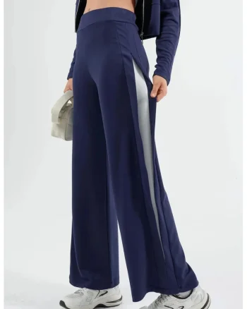 Pantaloni dama,  Pantaloni cu detalii dungate, Albastru miez de noapte, Textil