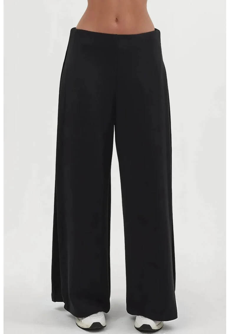 Pantaloni dama,  plisati picior larg, negru, textil, Negru