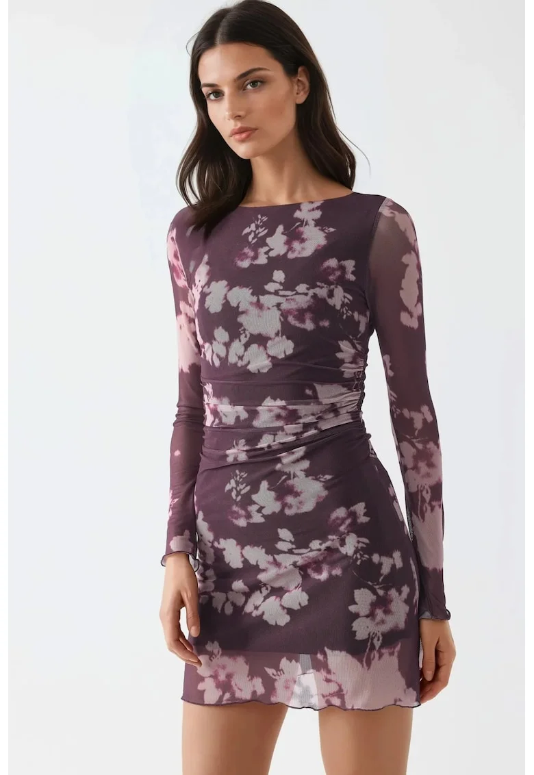 Rochie Mini  Floral, Maneci Lungi, Mov, Jerseu
