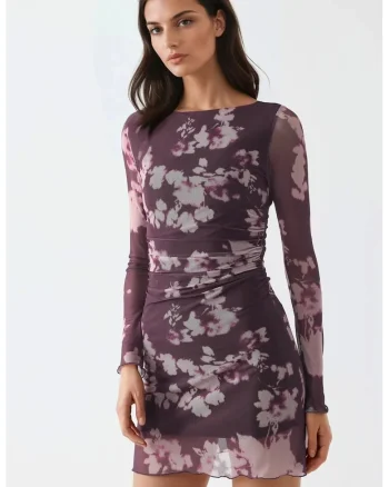 Rochie Mini  Floral, Maneci Lungi, Mov, Jerseu