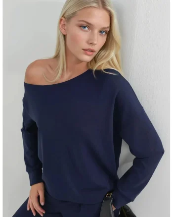 Hanorac dama  guler asimetric, croiala lejera, bleumarin, textil