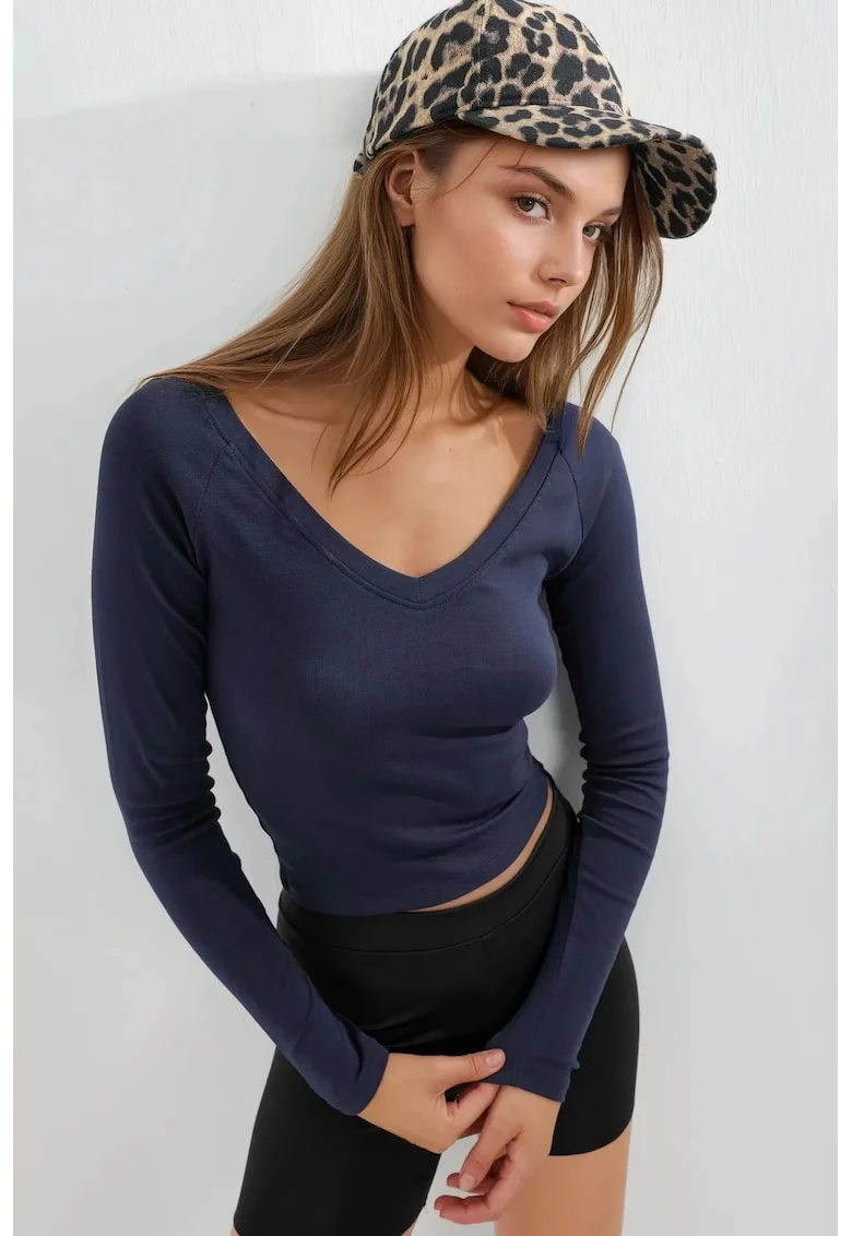 Bluza dama,  mulata, maneca lunga, bleumarin, jerseu