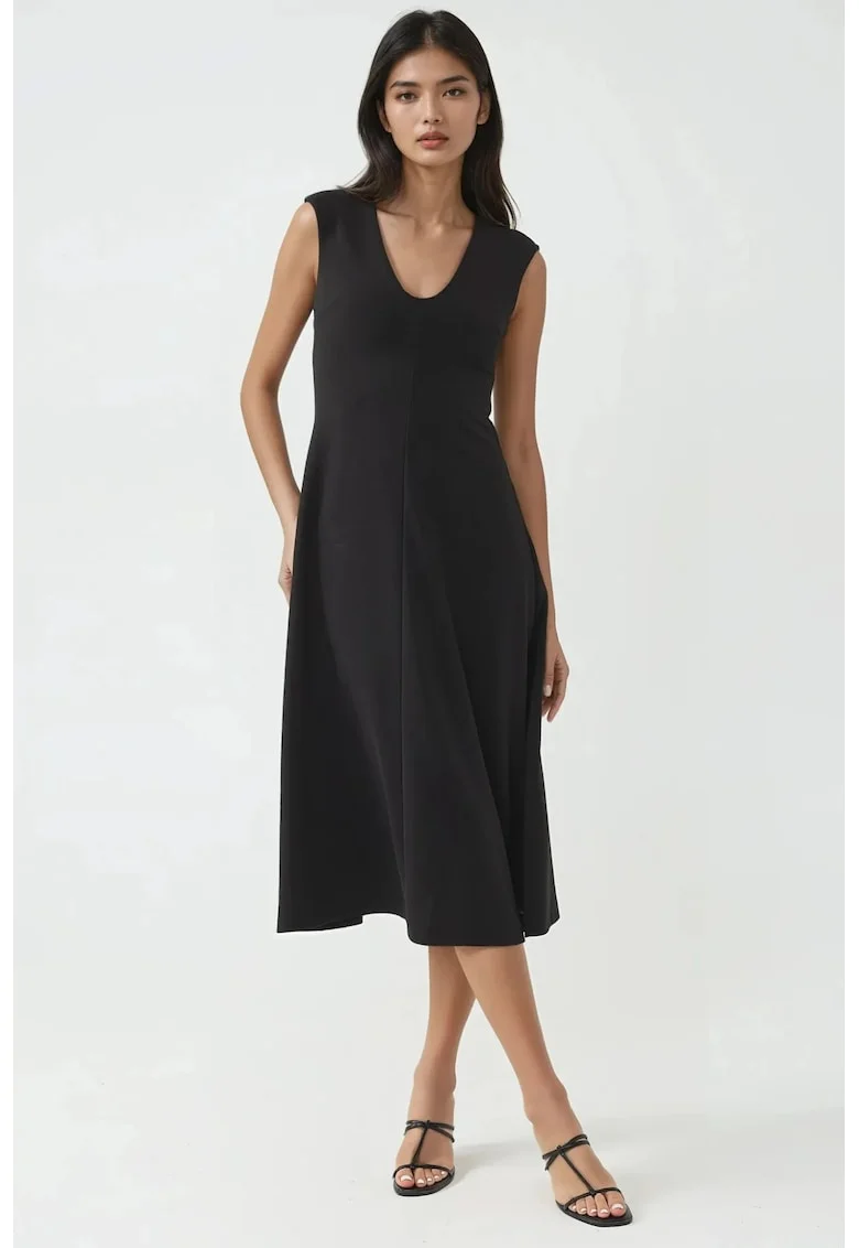 Rochie midi  decolteu in V, negru, jerseu