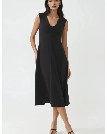 Rochie midi  decolteu in V, negru, jerseu