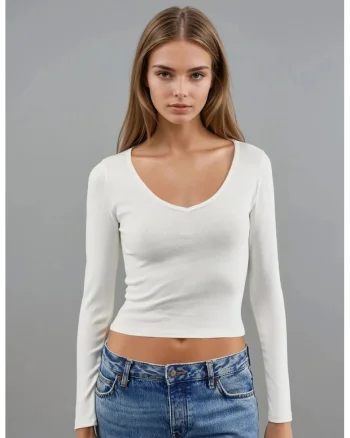 Bluza dama,  mulata cu decolteu in V, maneca lunga, ivoire