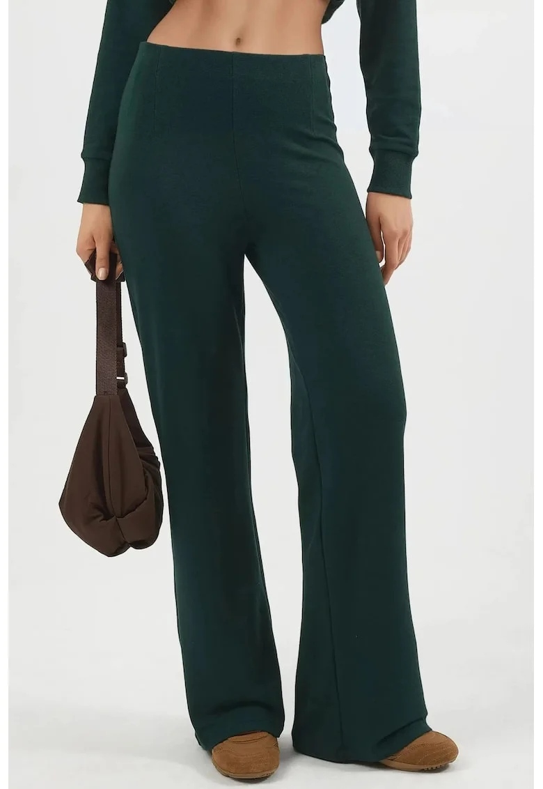 Pantaloni dama  talie inalta, verde padure, textil, Verde padure