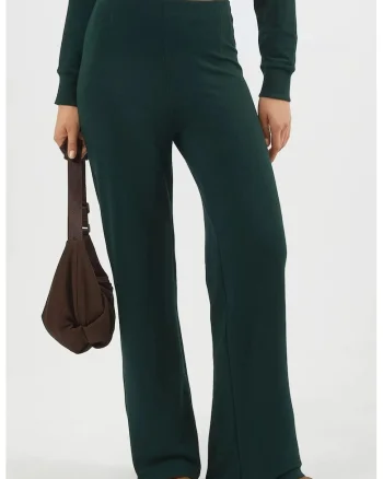 Pantaloni dama  talie inalta, verde padure, textil, Verde padure