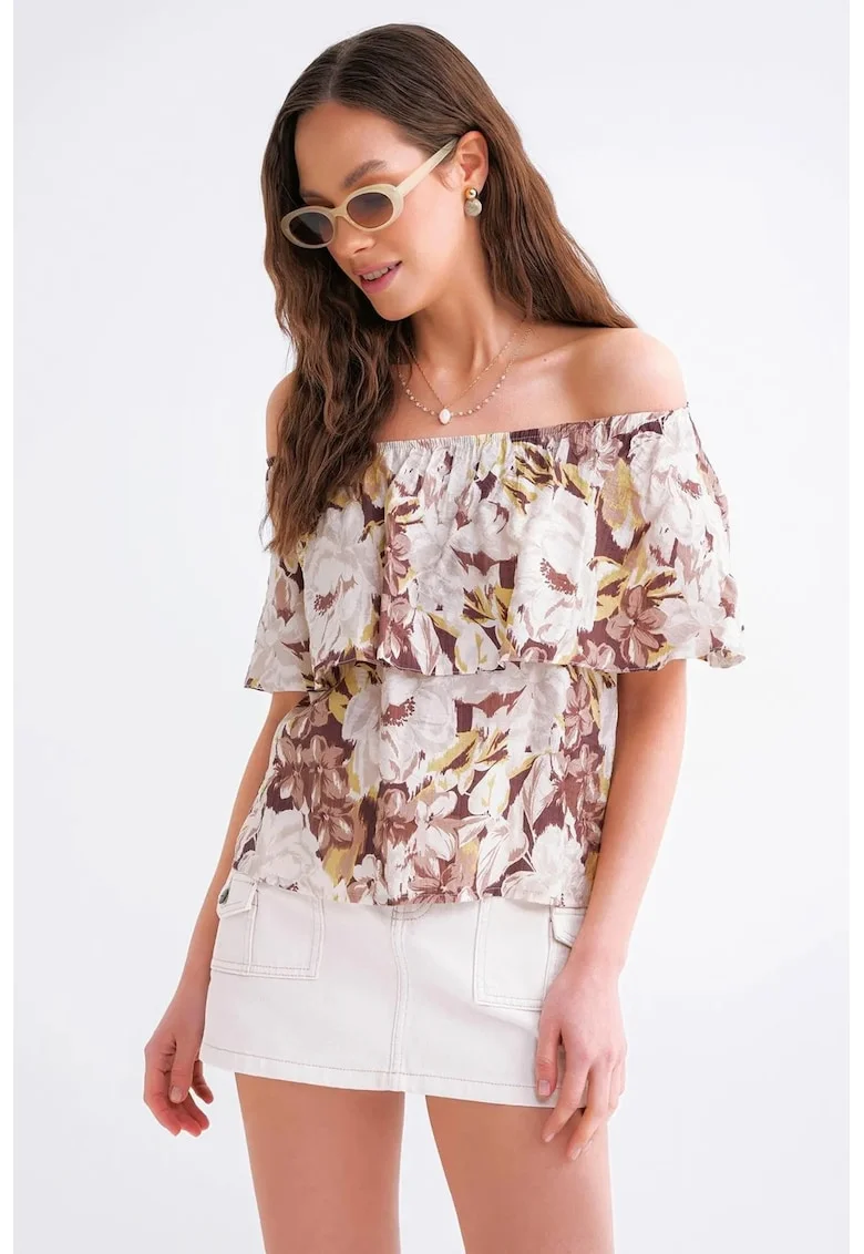 Tricou dama,  imprimeu floral, umeri goi, maro camel, multicolor