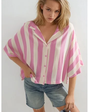 Camasa dama  model relaxat, dungi, roz garoafa/alb, textil