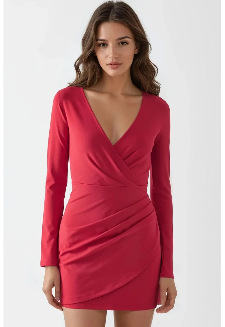 Rochie mini,  mulata, maneci lungi, rosu, jerseu