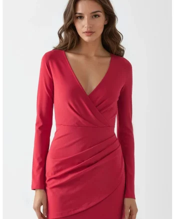Rochie mini,  mulata, maneci lungi, rosu, jerseu