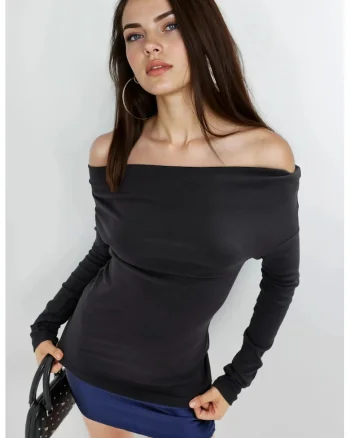 Bluza dama,  mulata, decolteu barca, negru, jerseu