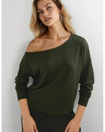 Hanorac  femei, guler asimetric, croiala relaxata, verde padure, textil