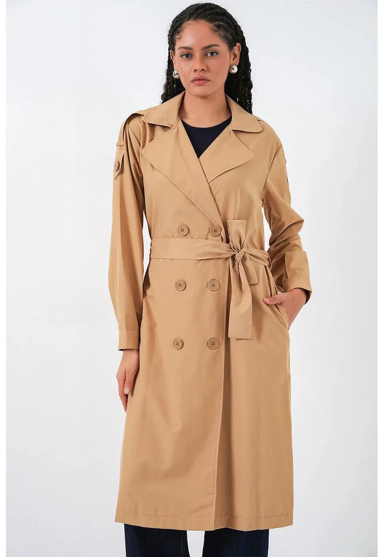 Trenci dama  lung, bej natural, textil, doua randuri de nasturi
