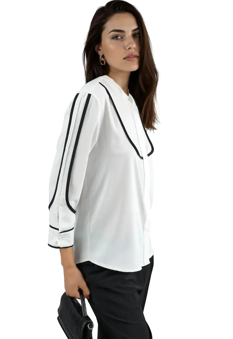 Bluza dama,  detalii de cusaturi contrastante, alb/negru, textil