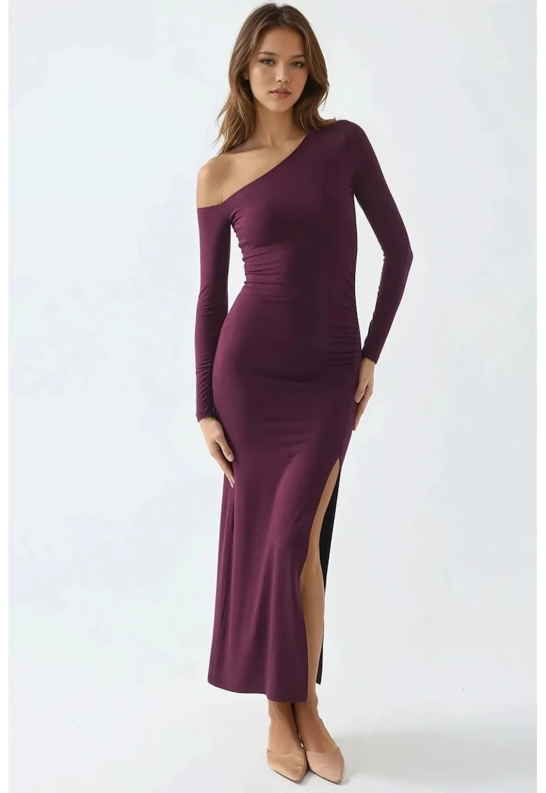 Rochie lunga  guler asimetric, mov pruna, jerseu