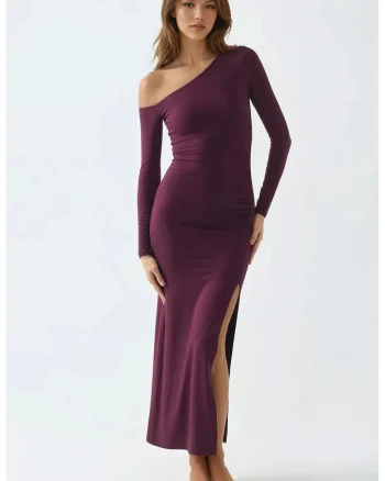 Rochie lunga  guler asimetric, mov pruna, jerseu