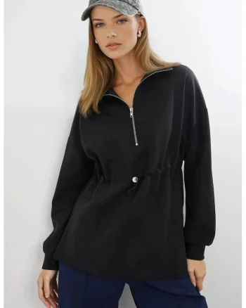 Hanorac  cu guler cu fermoar, negru, textil, Negru