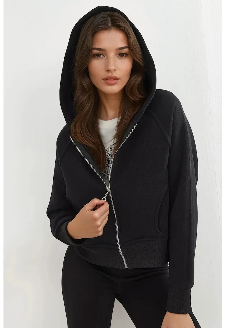 Hanorac Femei  croiala lejera, negru, textil