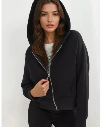 Hanorac Femei  croiala lejera, negru, textil