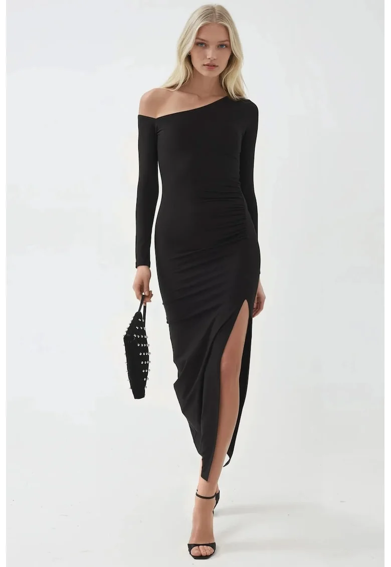 Rochie maxi  guler asimetric, negru, jerseu