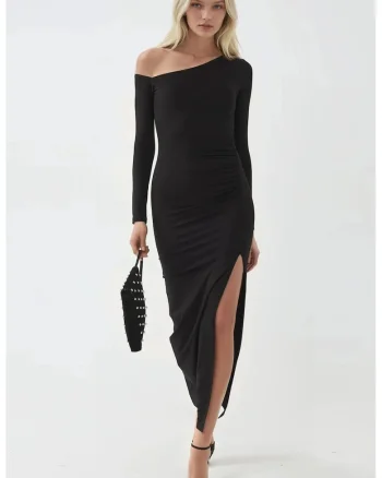 Rochie maxi  guler asimetric, negru, jerseu