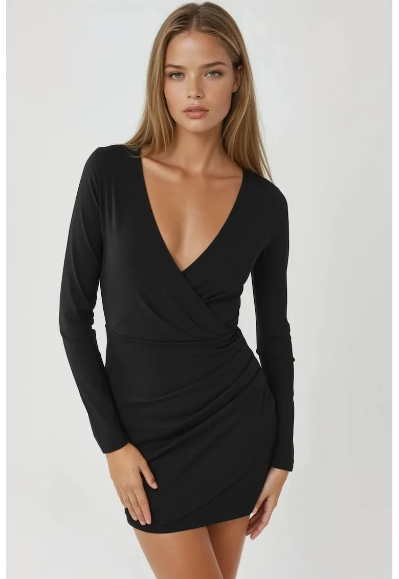 Rochie mini,  mulata, maneca lunga, neagra, jerseu