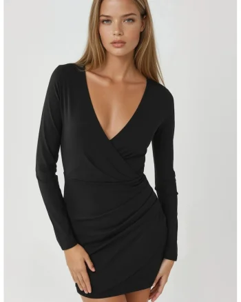 Rochie mini,  mulata, maneca lunga, neagra, jerseu