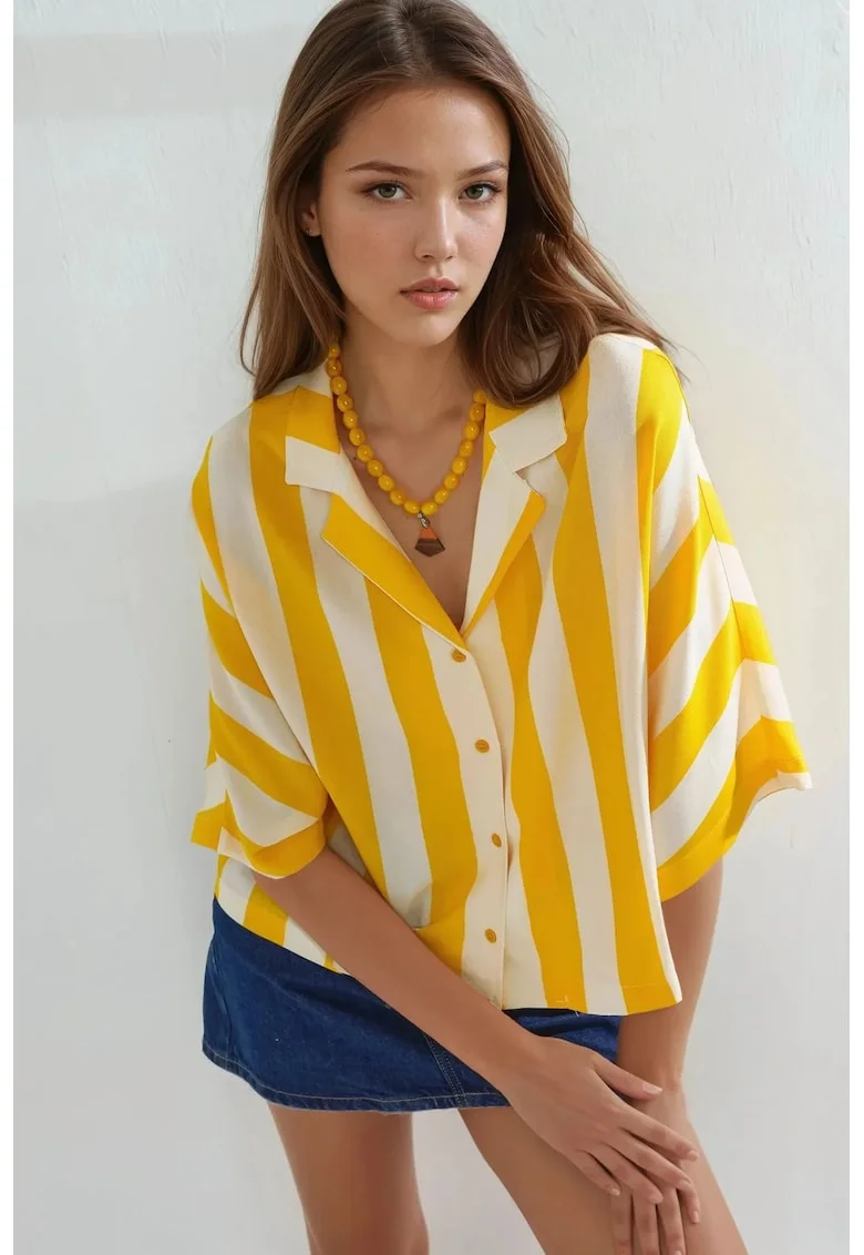 Camasa dama  croiala relaxata, dungi, galben lamaie/alb, textil