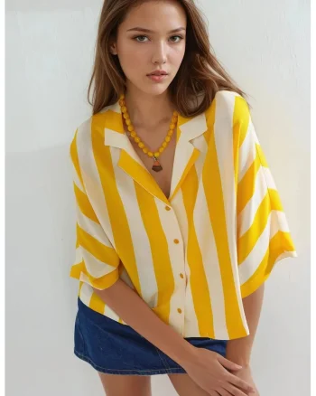 Camasa dama  croiala relaxata, dungi, galben lamaie/alb, textil