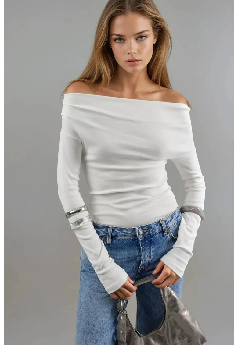 Bluza dama,  cu decolteu barca, alb, jerseu