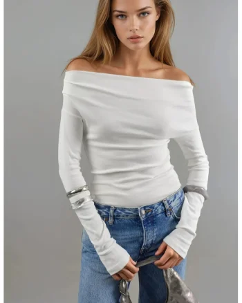 Bluza dama,  cu decolteu barca, alb, jerseu