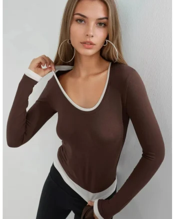 Bluza dama  maneca lunga, banda contrastanta, maro cafeniu, jerseu,