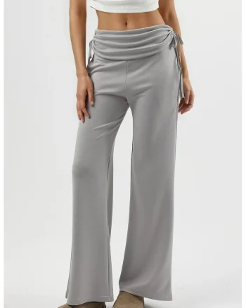 Pantaloni dama,  pantaloni largi cu talie inalta, gri, textil