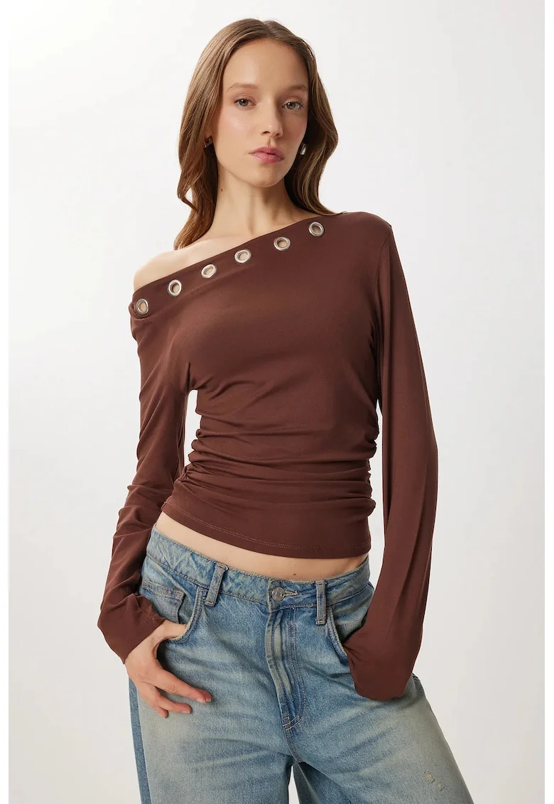 Bluza dama, Happiness Istanbul, viscoza, maneca lunga, guler asimetric, maro mocha