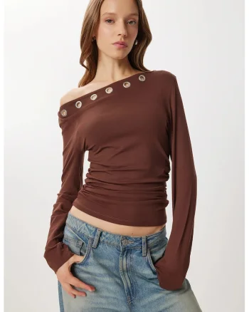 Bluza dama, Happiness Istanbul, viscoza, maneca lunga, guler asimetric, maro mocha