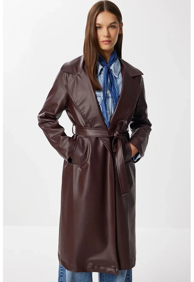 Trenci dama, Happiness Istanbul, lung, catarama, rosu bordeaux, piele ecologica