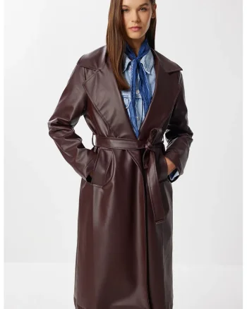 Trenci dama, Happiness Istanbul, lung, catarama, rosu bordeaux, piele ecologica