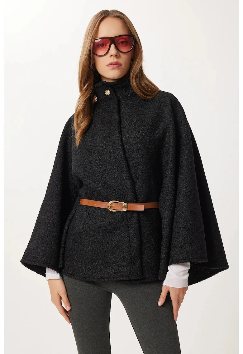 Palton dama, Happiness Istanbul, croiala lejera, negru, textil,