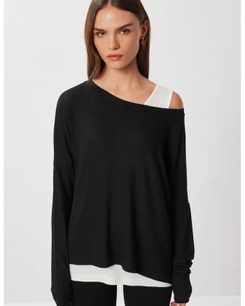 Bluza dama, Happiness Istanbul, cu maneca lunga, decolteu barca, negru