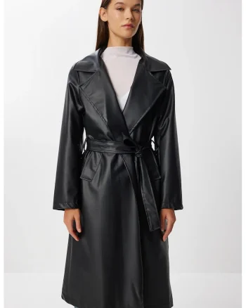 Trenci dama, Happiness Istanbul, lung, catarama, piele ecologica, negru
