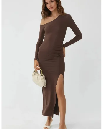 Rochie maxi  guler asimetric, maro cafeniu, jerseu