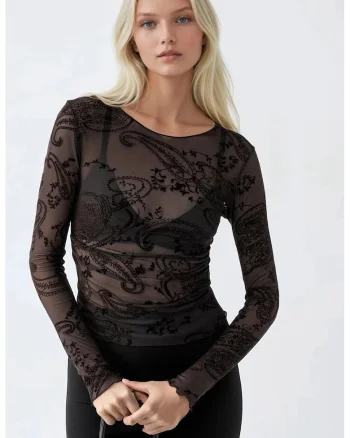 Bluza dama,  mulata, maneca lunga, maro mocha, poliester și elastan