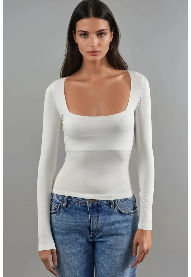 Bluza dama  mulata, maneci lungi, alb, jerseu