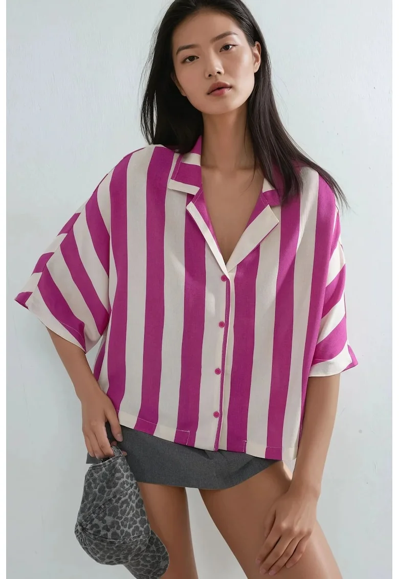 Camasa dama,  cu nasturi si dungi, roz magenta/alb, textil